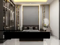 Front view of master bedroom showing grey bed with pillows and striped wall panel decoration