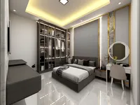 Modern master bedroom with grey bed glass cabinet makeup table and gold trim wall panel