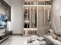 Modern bedroom featuring glass door cabinet television on wall and cute bear shaped bed design