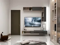 Minimalist wall with brown door, television, grey floating cabinet, shelving unit, and small rocking horse