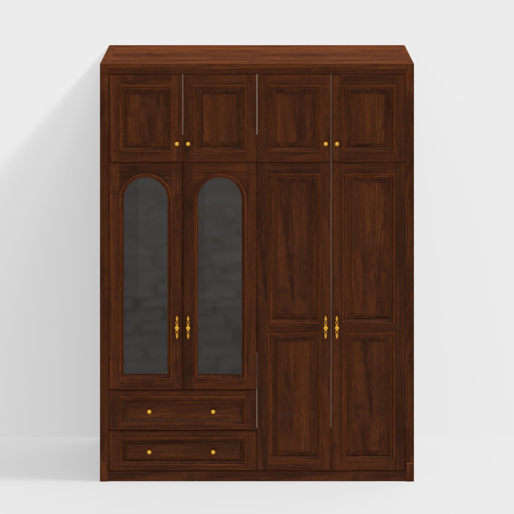 Elegant Wardrobe Classic Design 3D Model – Brown with Gold Handles