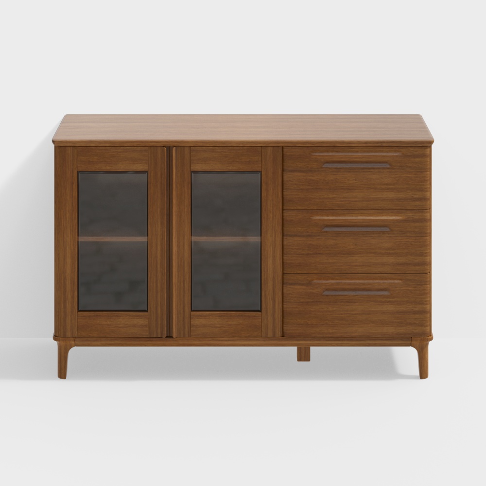 Elegant Low-Poly Sideboard 3D Model – Wood and Glass