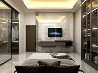 Bedroom view towards marble wall with television floating cabinet dark door and large glass wardrobes