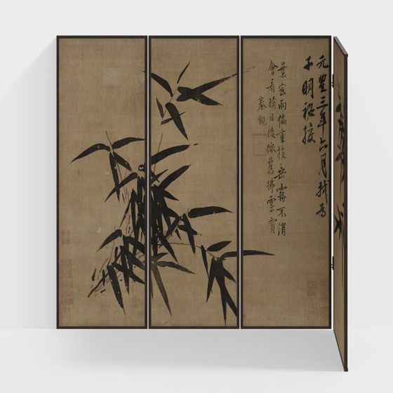 Ink Bamboo Screen 3D model for Eastern Aesthetic Design