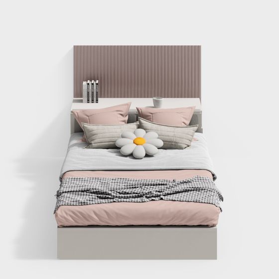 Modern Double Bed 3D Model in Beige Finish