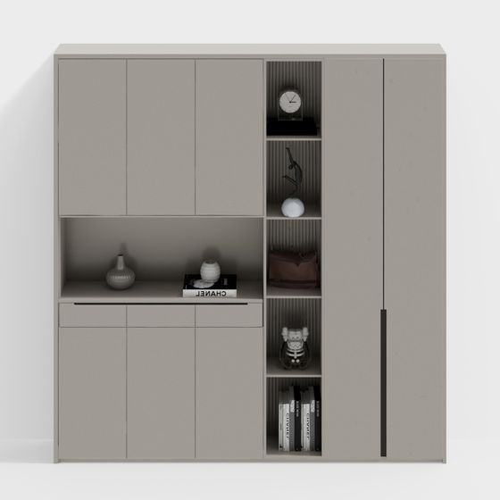 Modern Gray Multi-Door Shoe Cabinet 3D Model for Living Spaces