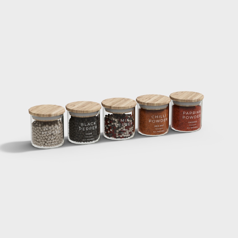 Detailed Spice Jars 3D Model – Realistic Glass & Wood