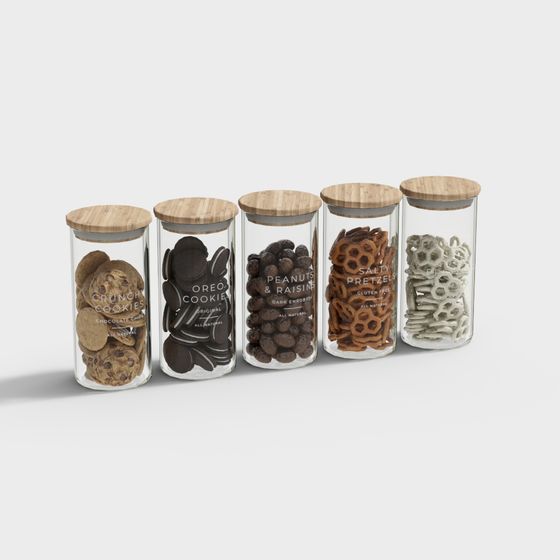 Dried Snacks in Glass Bottles 3D Model in Wood Color