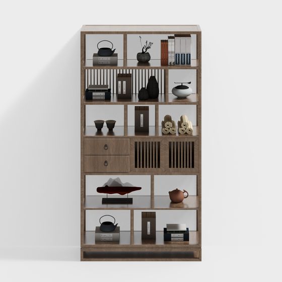 Zeyi Chinese-Style Shelf Group 3D Model in Wood Color