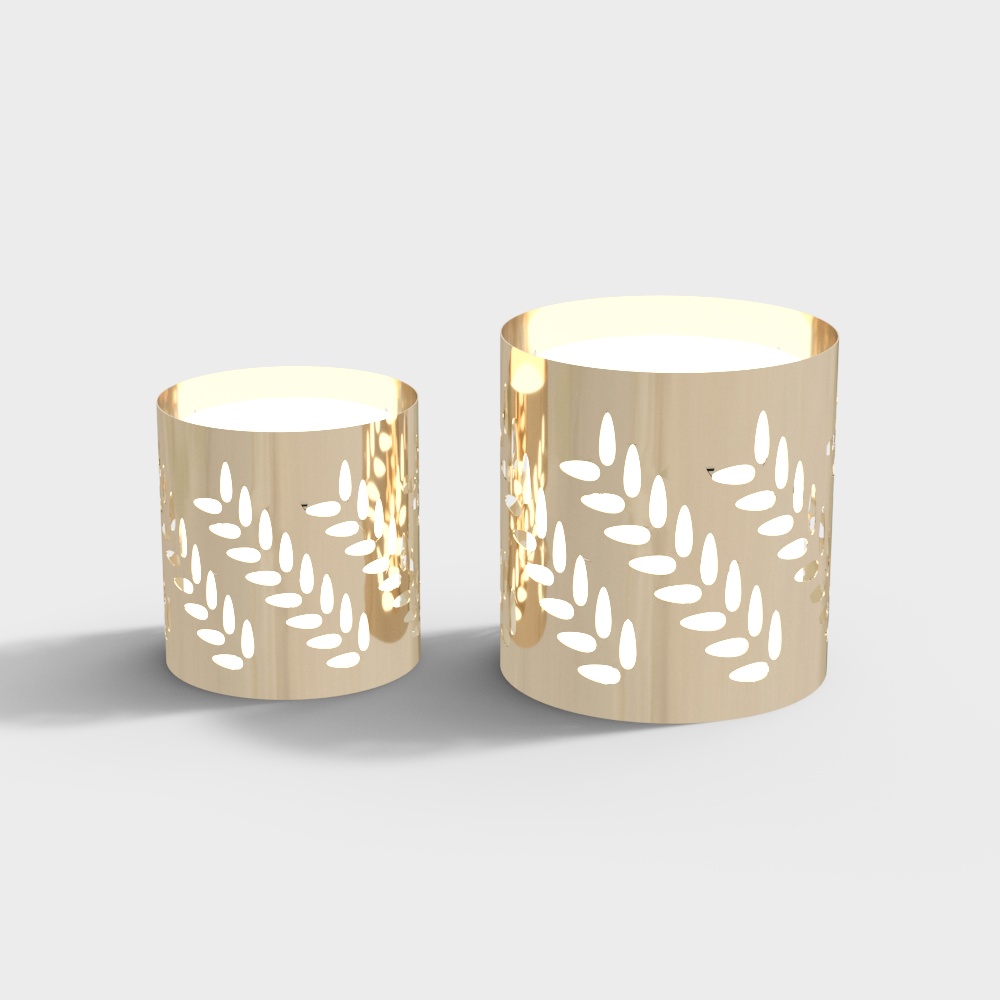Golden Hollow Candleholder 3D Model – Leaf Cut-Out Design