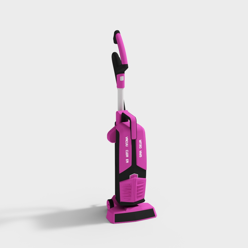 Modern pink and black vacuum cleaner with white handle and cleaning head on light grey background