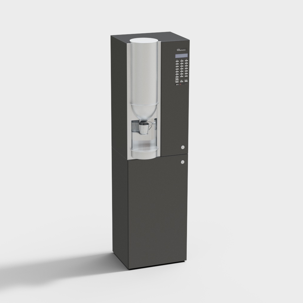 Modern dark grey coffee machine with silver hopper and digital keypad on white background