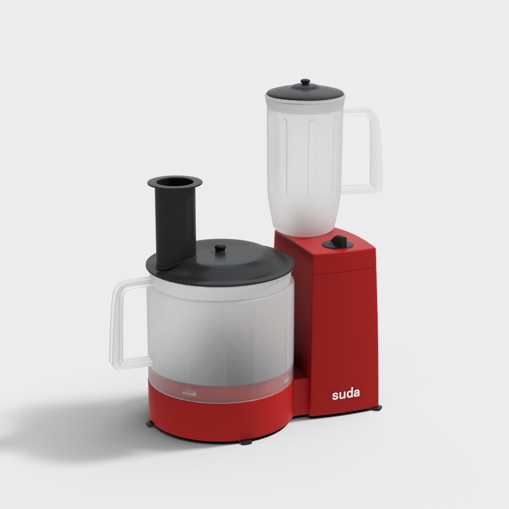 Red kitchen appliance with white blender and food processor on grey background