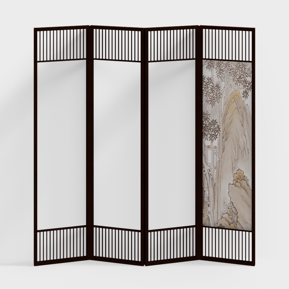 Elegant Oriental Screen 3D Model – Wooden Frame Design