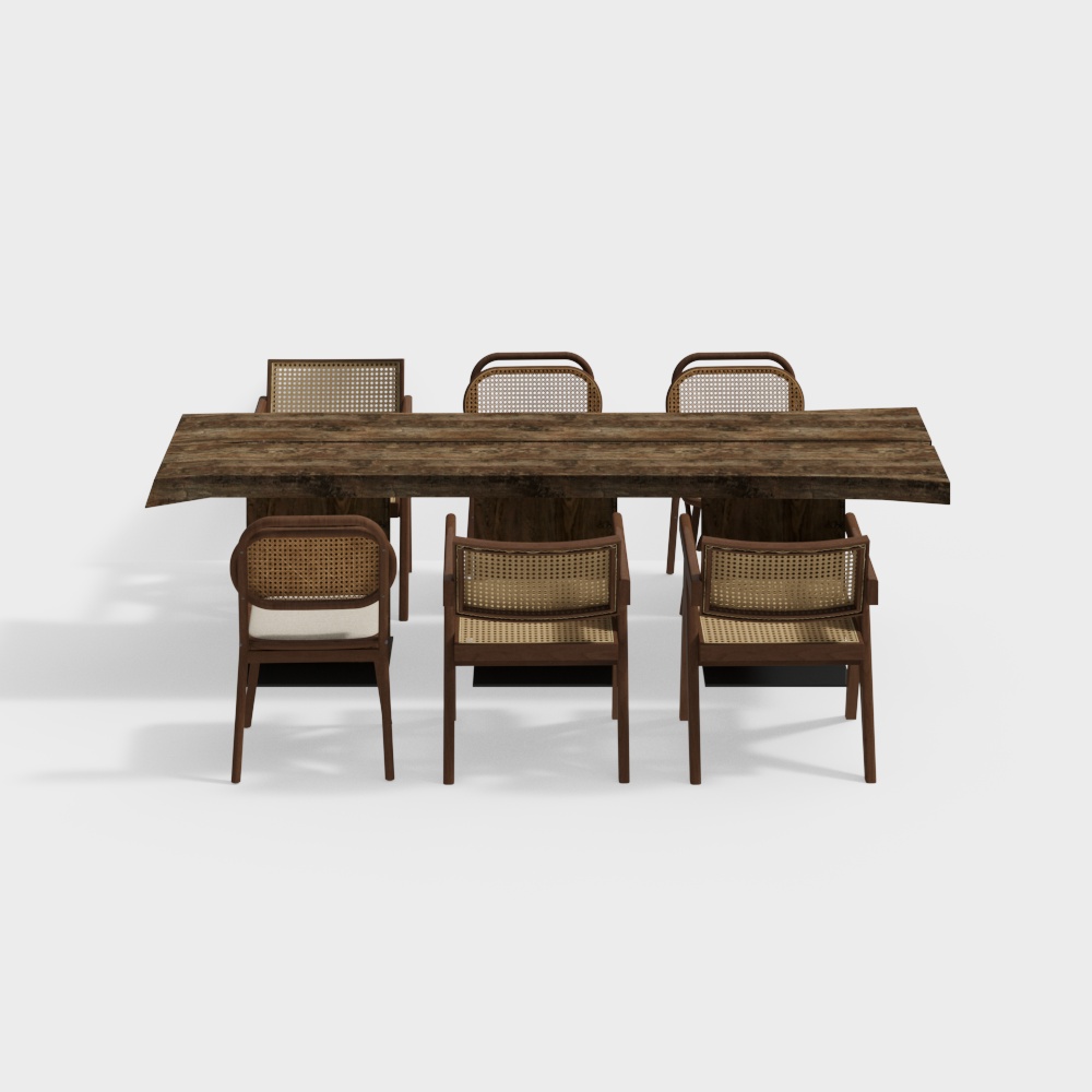Vintage Dining Table & Chairs 3D Model – Wood & Rattan