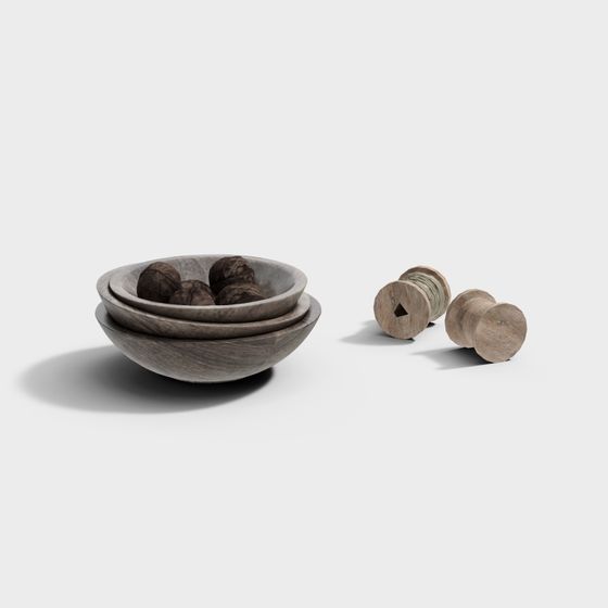Wooden Bowl and Spool 3D model