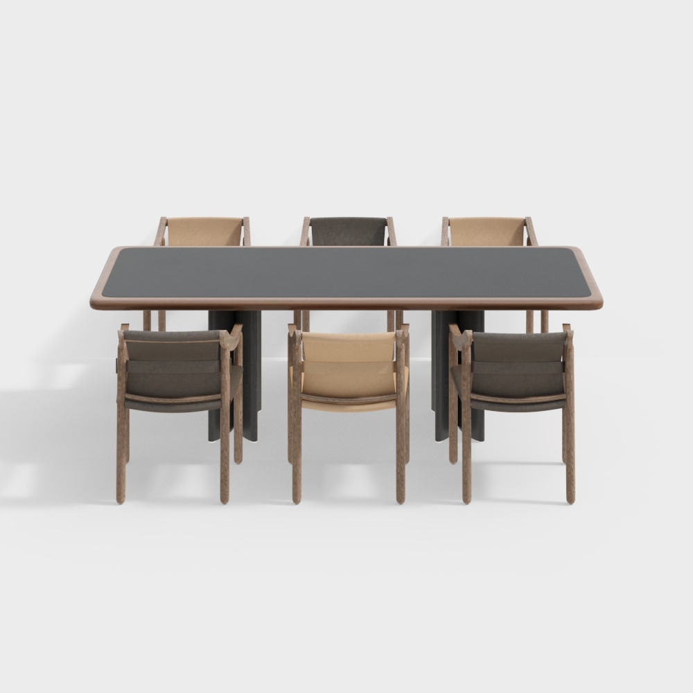 Minimalist Dining Table and Chairs 3D Model – Wood and Leather