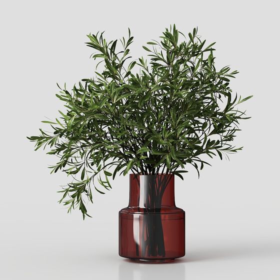 Olive Branch in Glass Vase Low Poly 3D Model