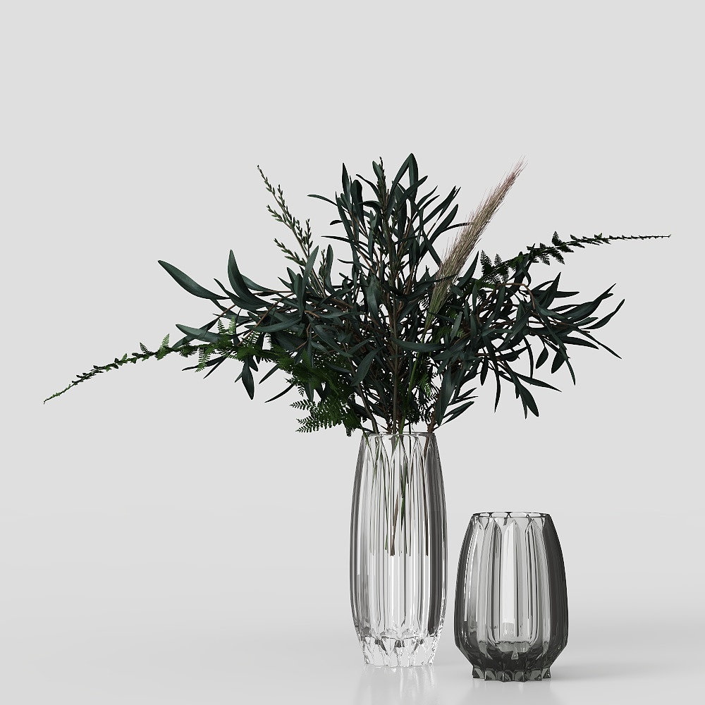 Glass Vase with Green Plants 3D model