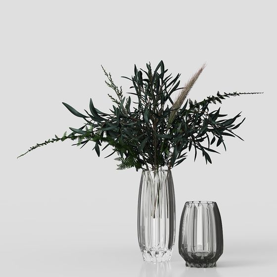 Glass Vase with Green Plants 3D model