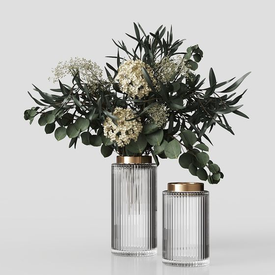 Stylish Glass Vase with Green Plants 3D model