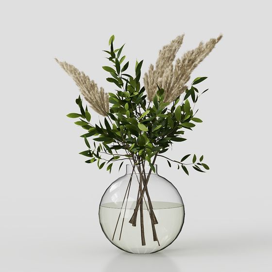 Elegant Glass Vase with Hay Low Poly 3D model