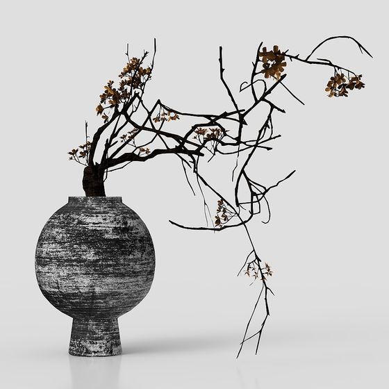 Low-Polygon Dried Branch Flower Vase 3D Model