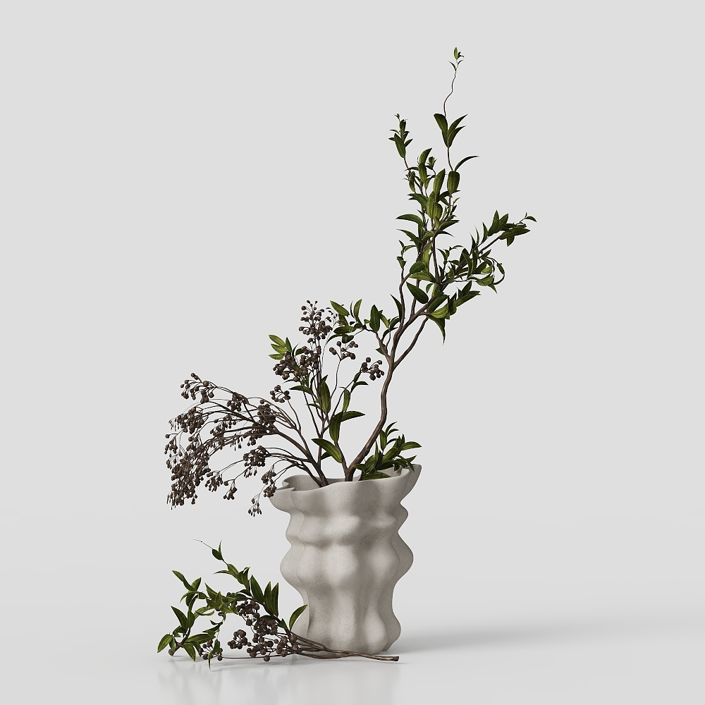 Jarrón Moderno con Plantas Verdes y Flores