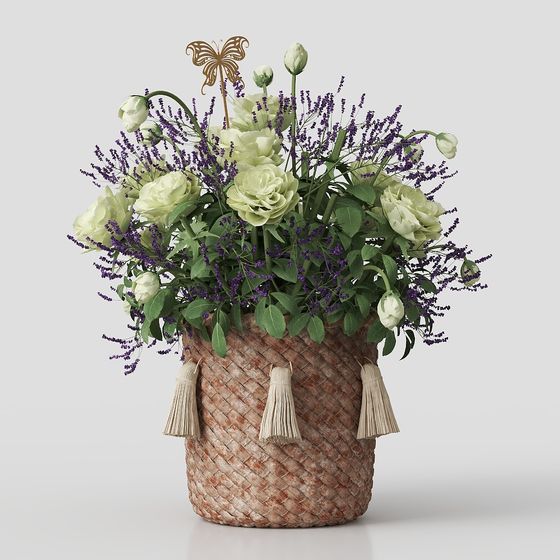 Rustic Floral Basket Low-Poly 3D Model