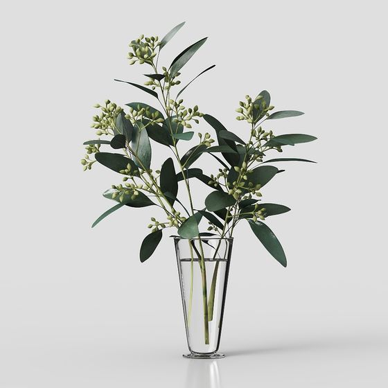 Glass Vase with Eucalyptus Branches 3D model