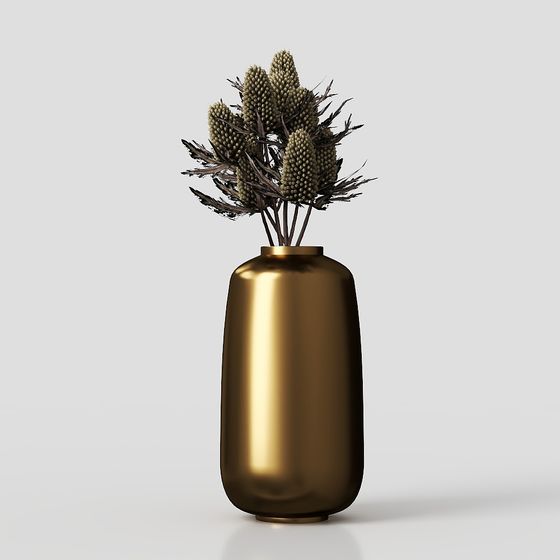 Elegant Gold Vase with Dried Flowers 3D model