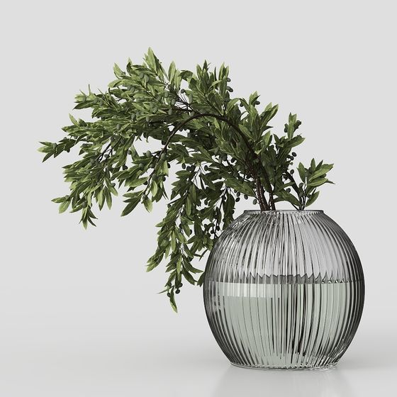Elegant Glass Vase with Olive Branch 3D model