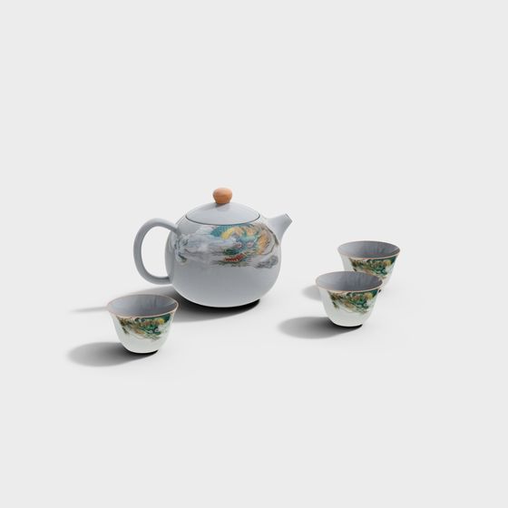 Elegant Low-Poly Tea Set 3D Model for Design