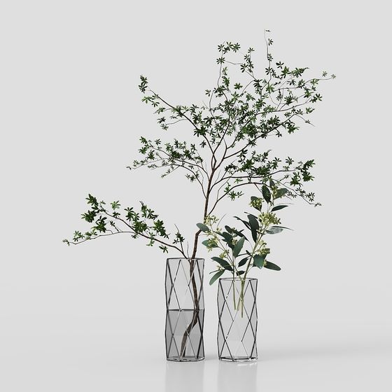 Glass Vase with Green Plant 3D model