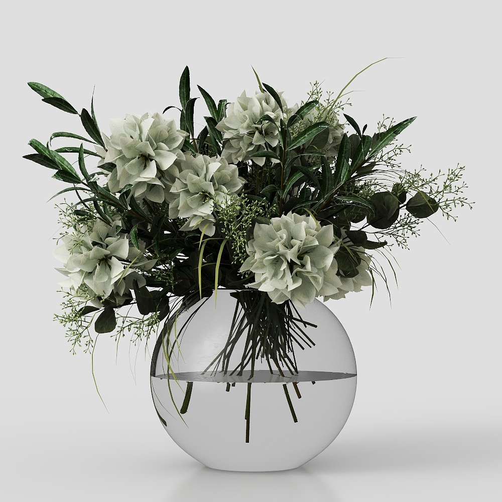 Modern Glass Vase with Green Plants and Flowers