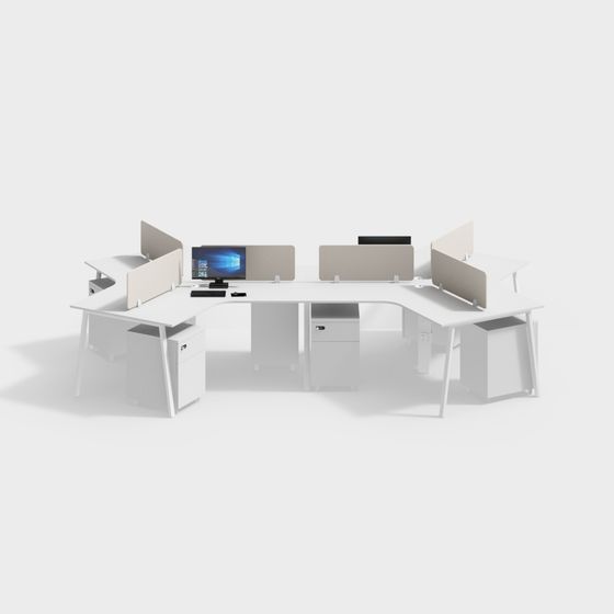 Modern Six-Person Office Desk Set 3D Model in Gray