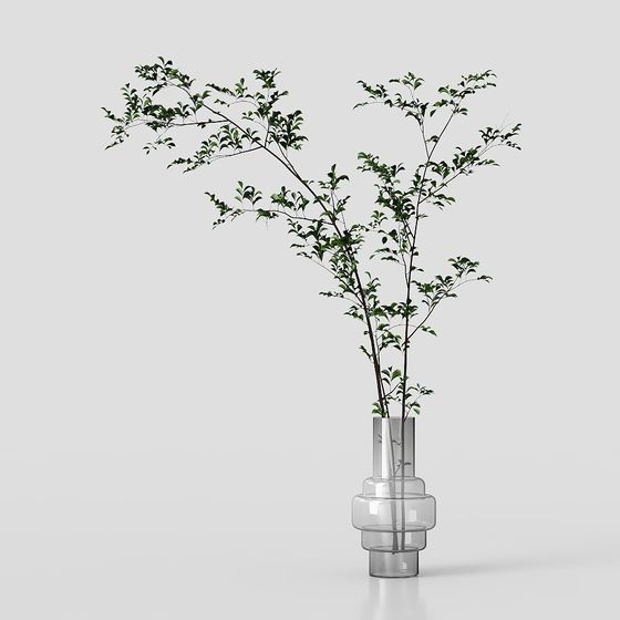 Stylish Glass Vase with Lush Greenery 3D model