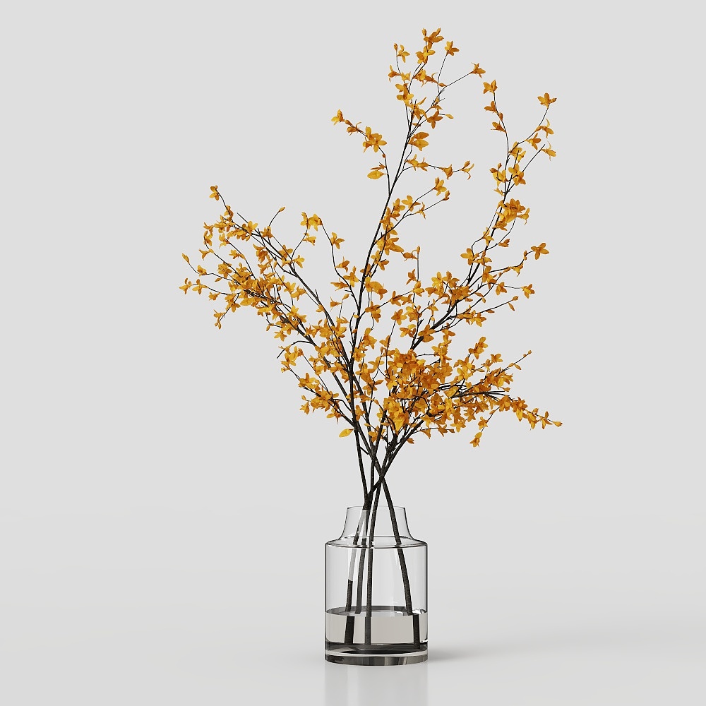 Glass Vase with Yellow Flower Branch 3D model