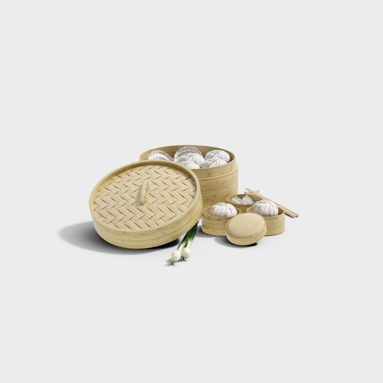Steamed Dumpling and Bread Set 3D Model