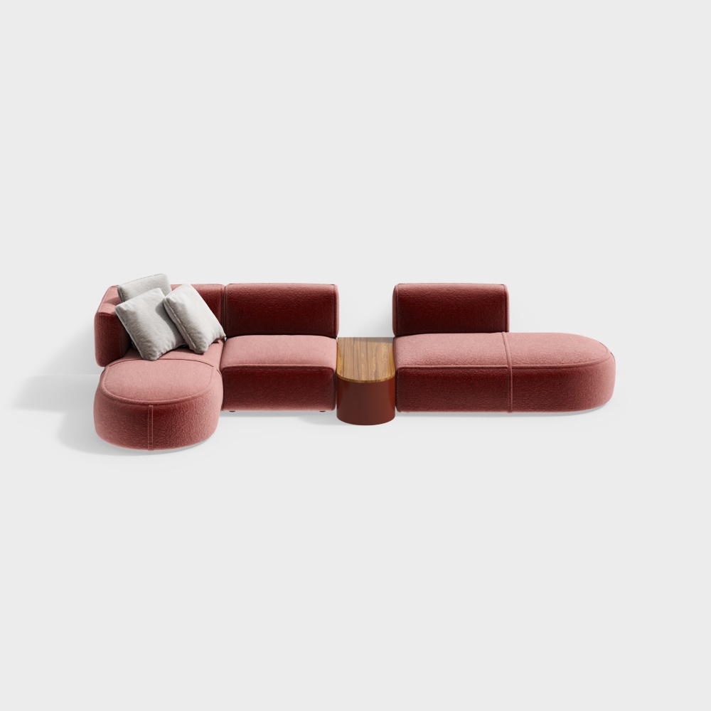 Elegant Low Poly Sofa 3D Model – Deep Red & Pink Fabric