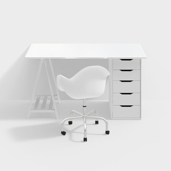 Modern Desk Combination 3D Model in White