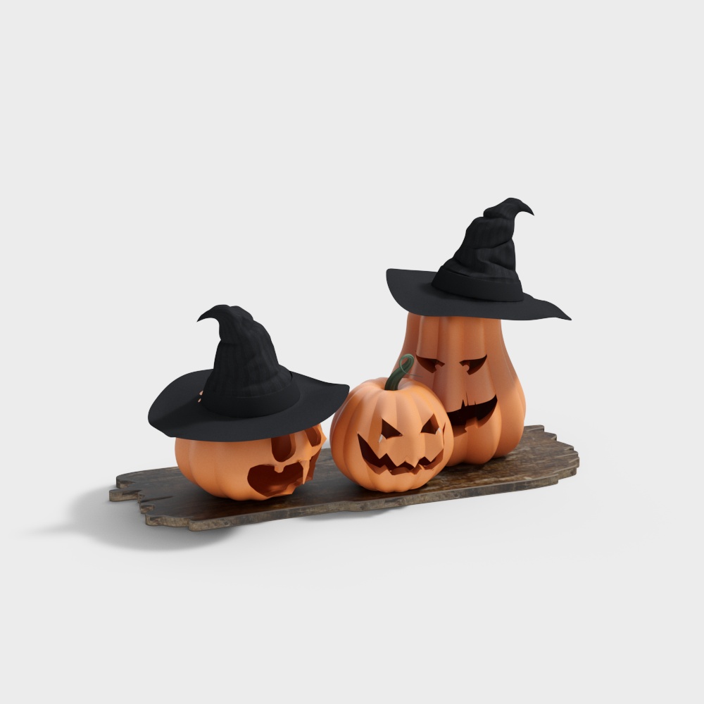 Halloween Pumpkin Trio 3D Model – Carved Pumpkins with Witch Hats