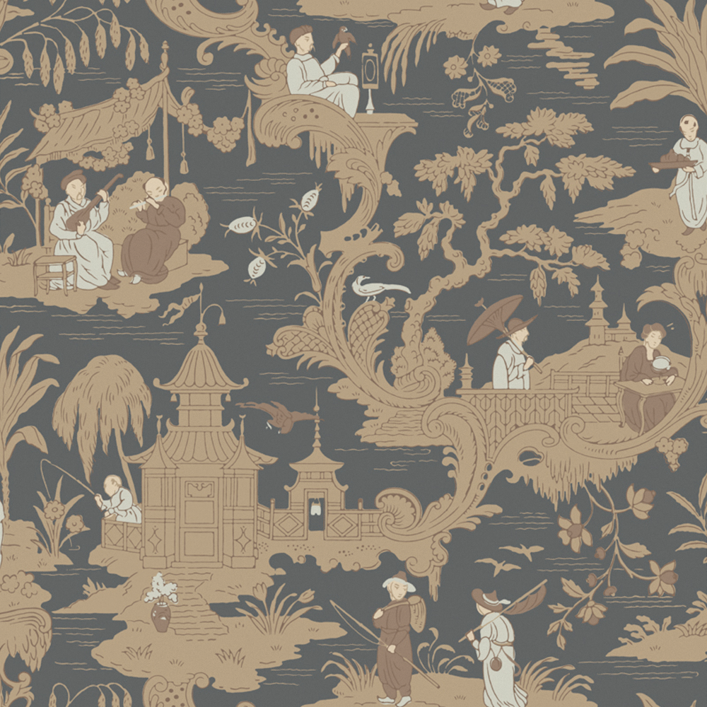 Chinese-Style Architectural Plant Printed Wallpaper 3D Model in Wood Color