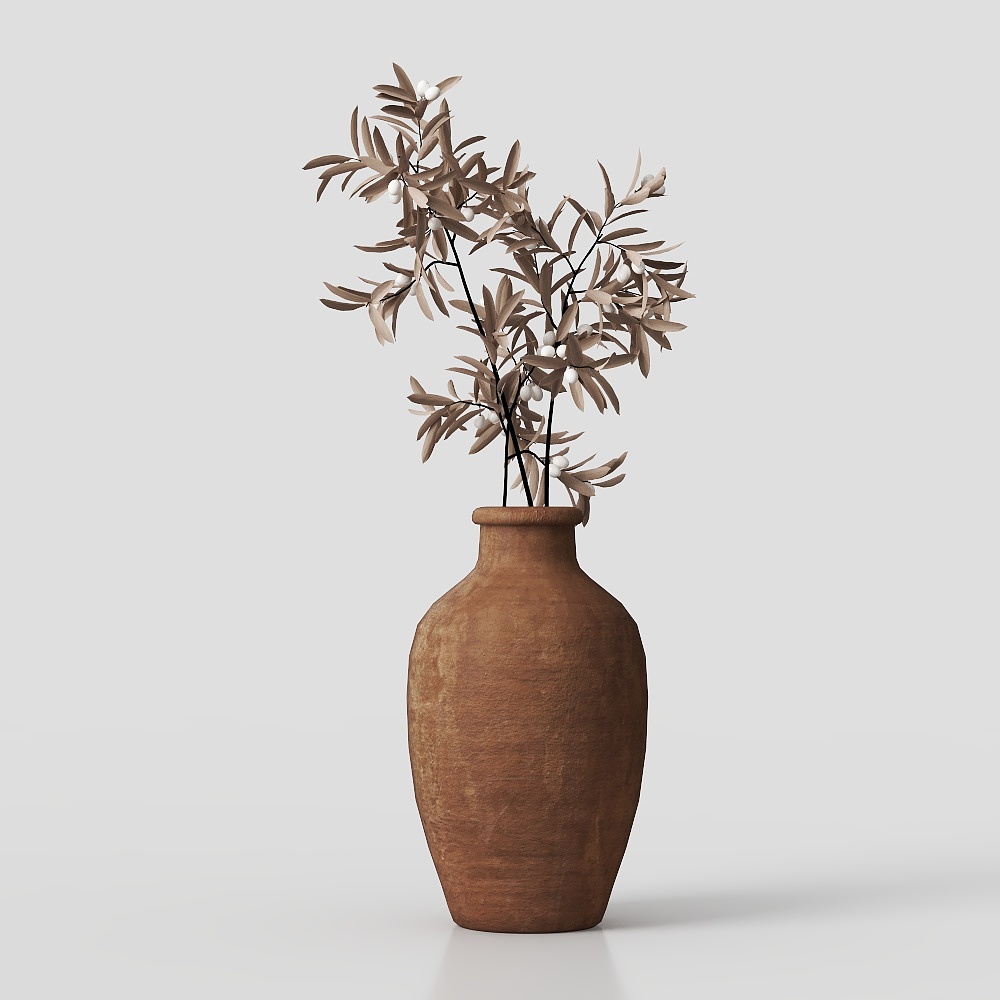 Rustic Vase with Olive Branch 3D Model – Earth Tone Decor