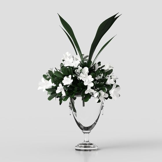 Elegant Glass Vase with White Flowers 3D model