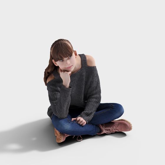 Stylish Low-Poly Woman 3D Model in Grey Sweater