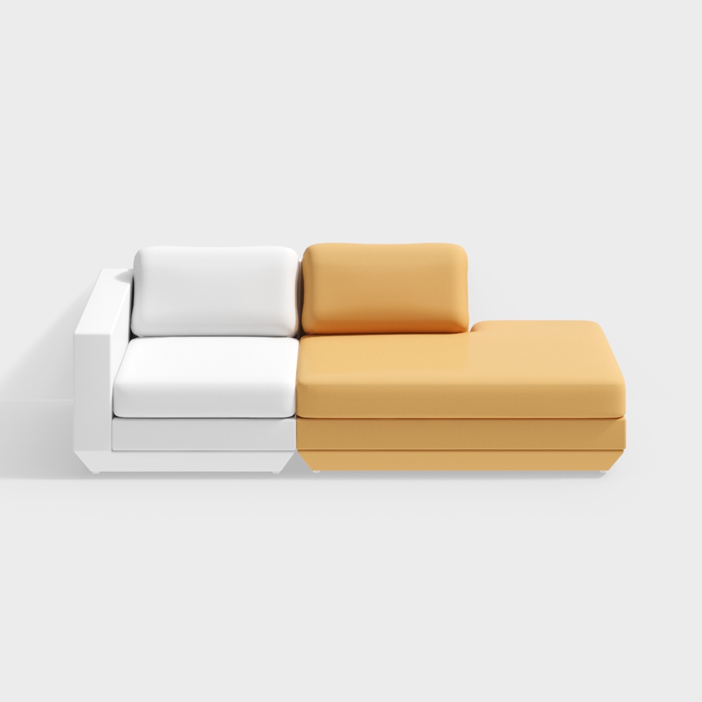 Modern two-tone sofa with white and yellow cushions on grey background