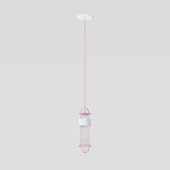 Modern pink metal ceiling light with white glass shade and thin cord on grey background
