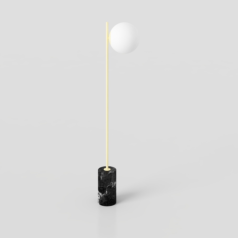 Modern floor lamp with black marble base and gold rod on grey background