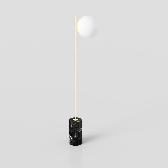 Modern floor lamp with black marble base and gold rod on grey background